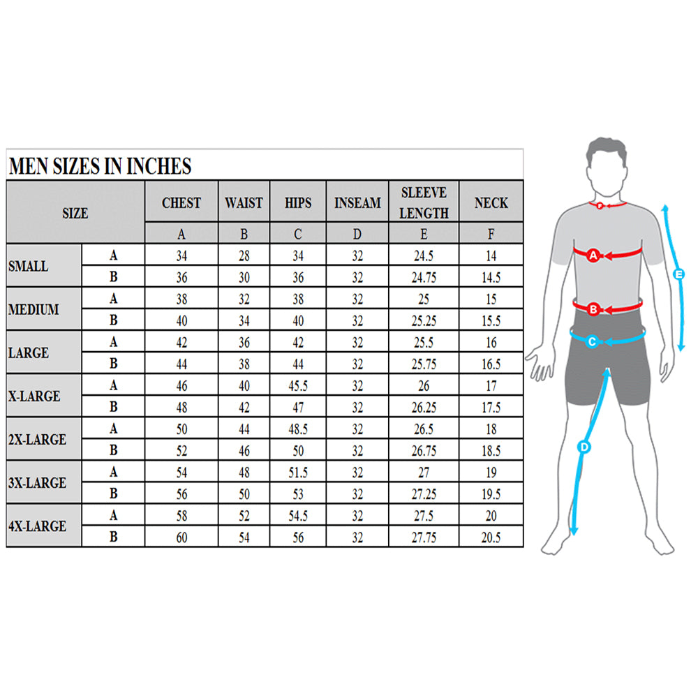 Men's leather catsuit size chart with chest, waist, hip, sleeve and inseam measurements