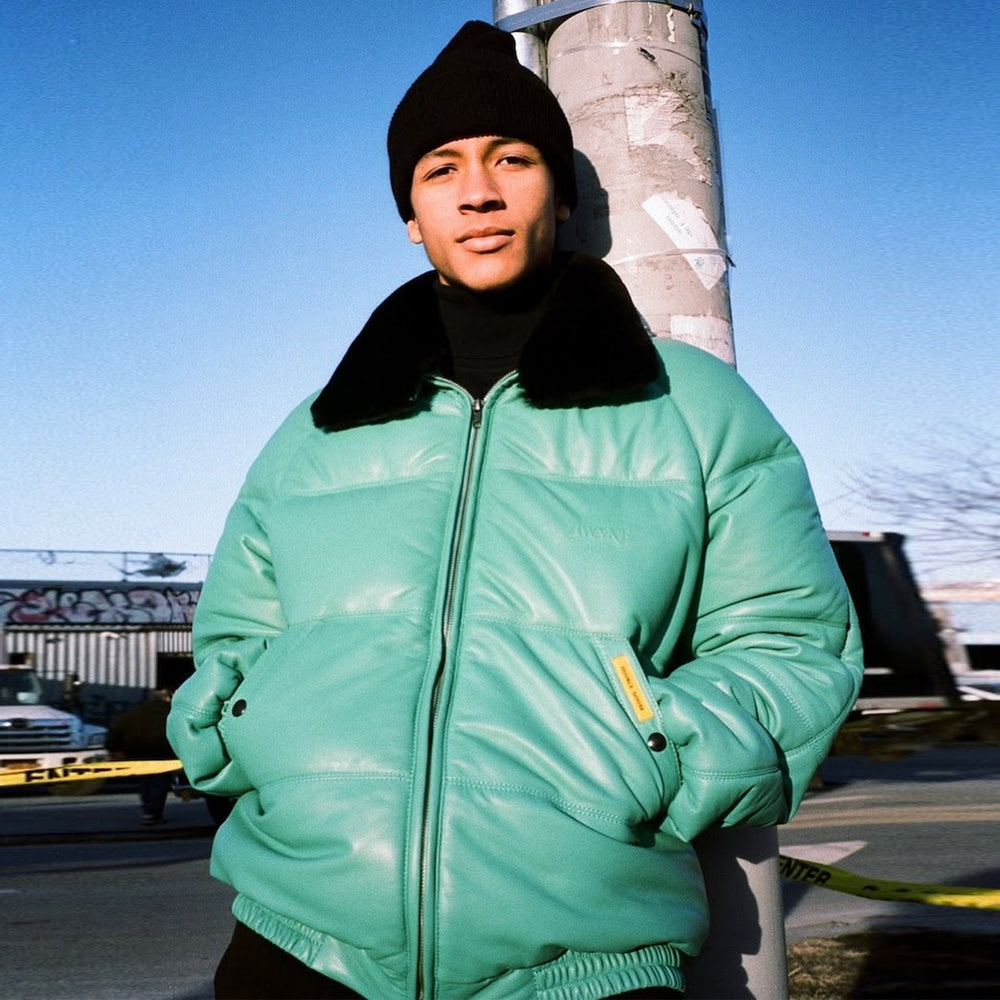 Mint Green Leather Country Down Jacket — Double Goose