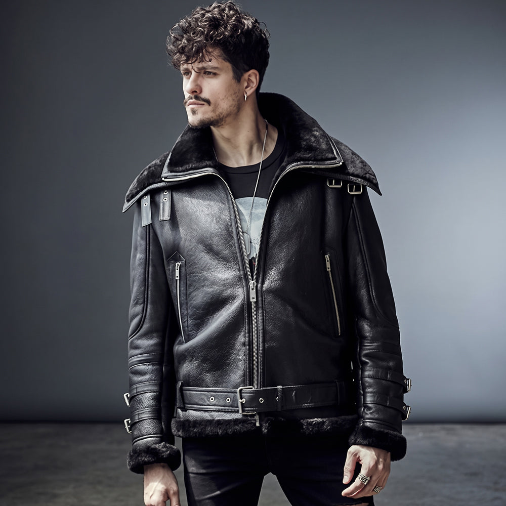 Men's Black Moto B-3 Shearling Jacket Front View with Buckle Straps