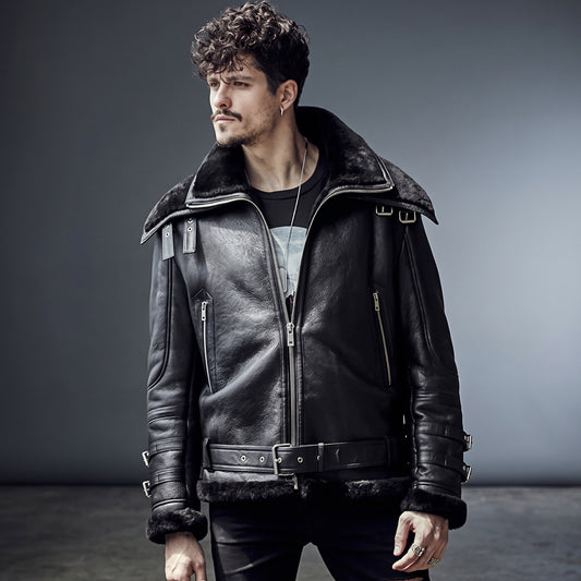 Men's Black Moto B-3 Shearling Jacket Front View with Buckle Straps