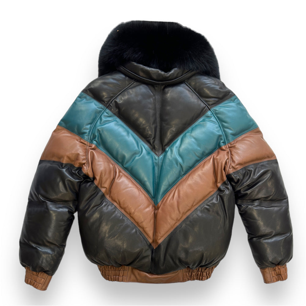 Rear view of the multi-color leather V-bomber puffer coat displaying the distinct quilted teal and tan chevron panels.