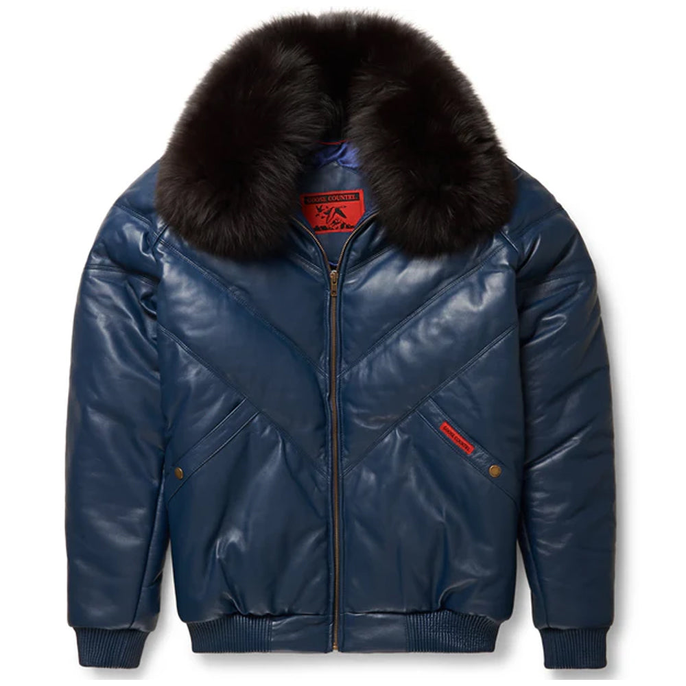 Front view of the men's navy blue leather V-bomber jacket by Goose Country featuring a black fox fur collar.