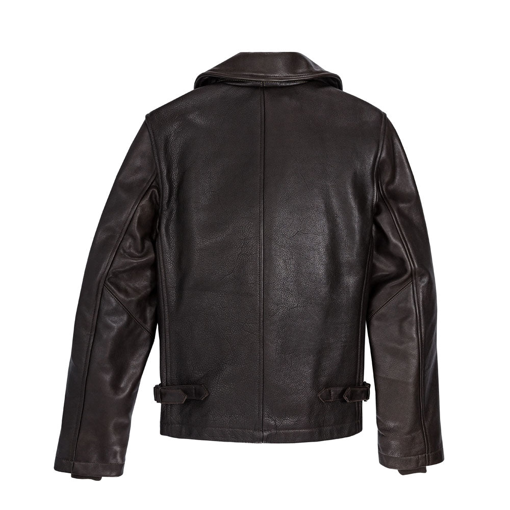 Rear view highlighting central seam and adjustable side waist cinch buckles on men's brown leather pea coat bomber.