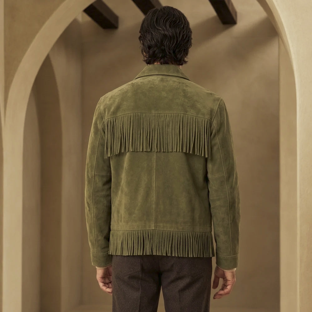 Back view of men's olive fringed-yoke jacket with center seam, continuous upper-back fringe and matching hem fringe.