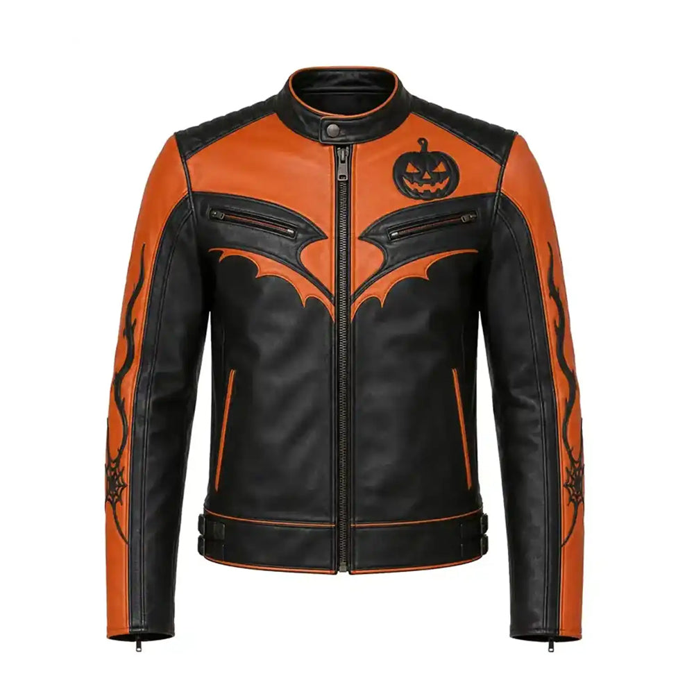 Front view of men’s orange and black sheepskin Halloween jacket with pumpkin patch and bat-wing panels