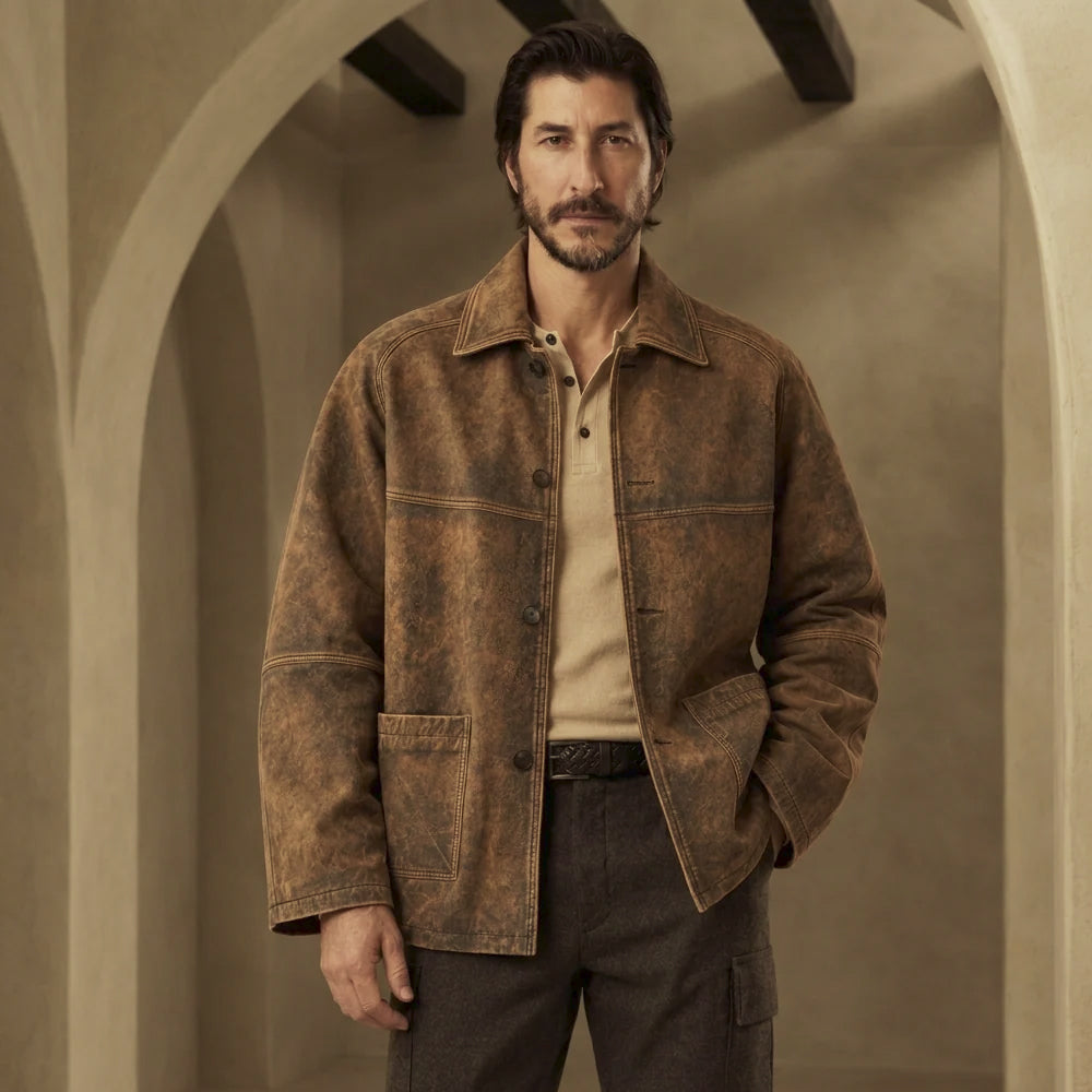 Front model view of men’s oversized leather barn jacket with button closure, top-entry pockets and straight hem