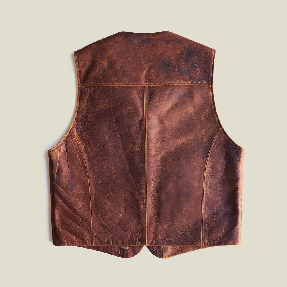 Rear view of men’s brown steerhide leather vest showing the upper yoke, center-back seam and clean patch-ready panel layout