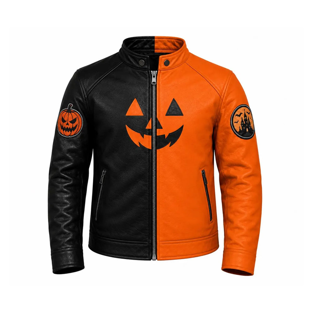 Front view of men’s black and orange pumpkin cafe racer leather jacket