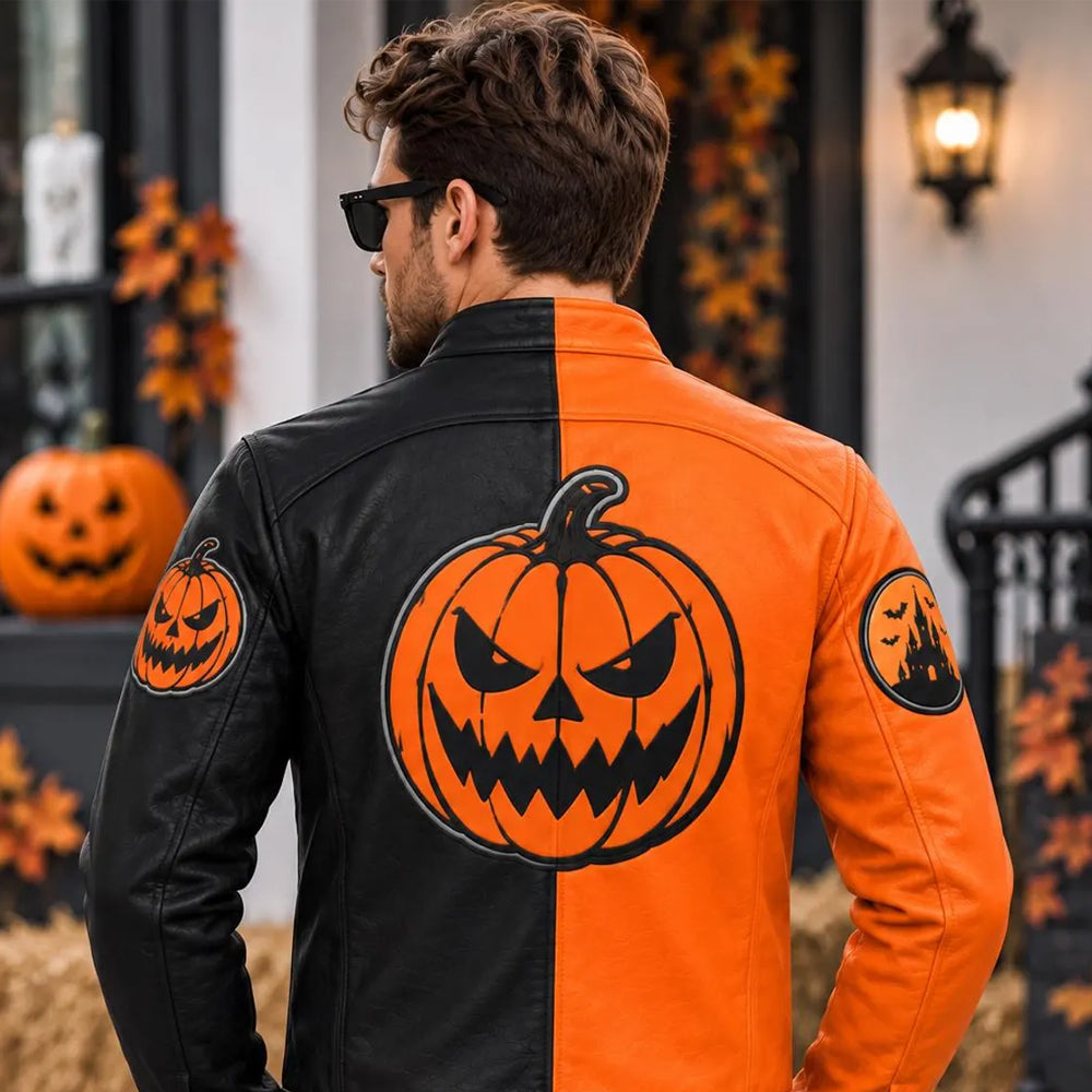 Lifestyle back view of men’s cowhide jacket with large pumpkin emblem
