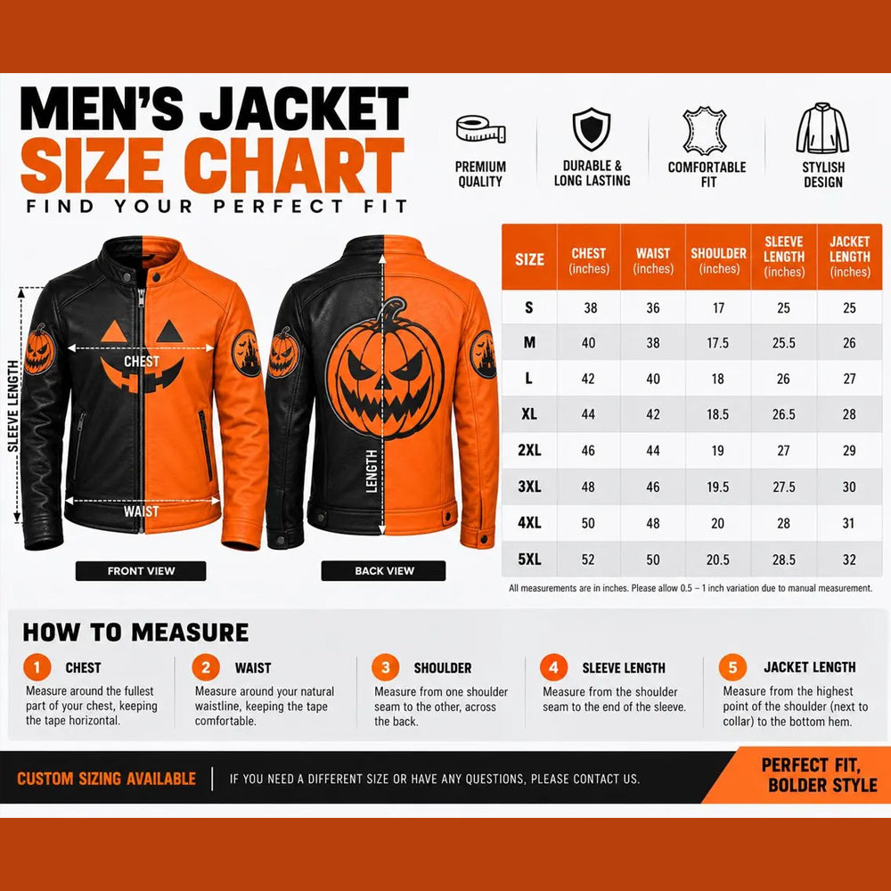 Men’s pumpkin leather jacket size chart from S to 5XL with measurements