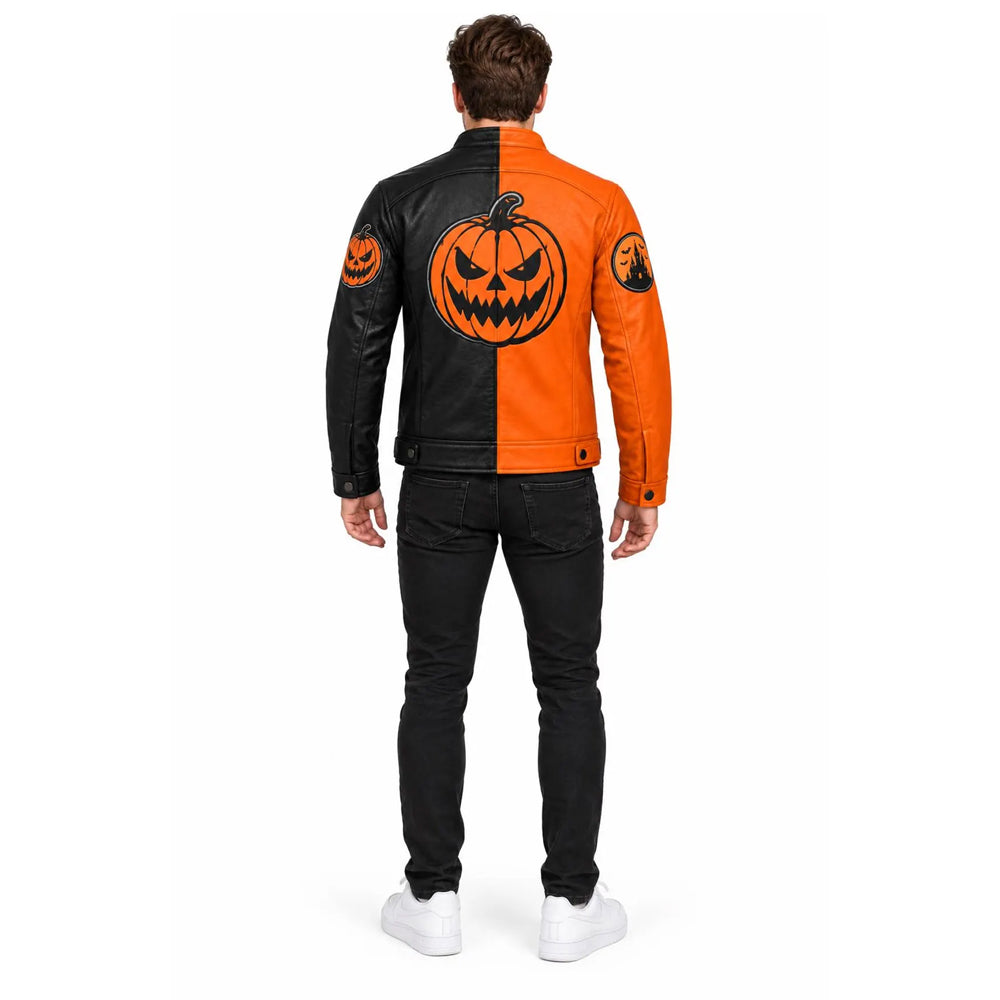 Full rear fit of men’s pumpkin patch leather jacket in black and orange