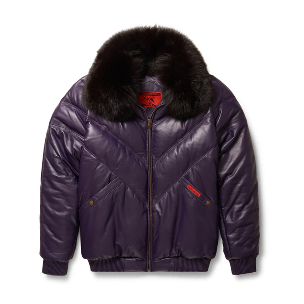 Full front display of the men's purple lambskin leather Goose Country V-bomber jacket with a plush black fox fur collar.