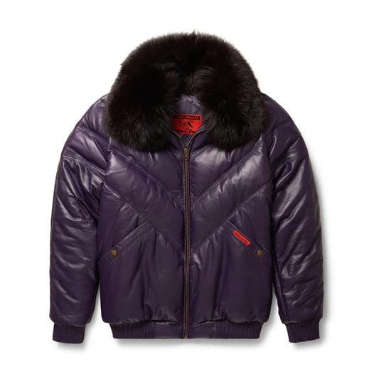 Full front display of the men's purple lambskin leather Goose Country V-bomber jacket with a plush black fox fur collar.