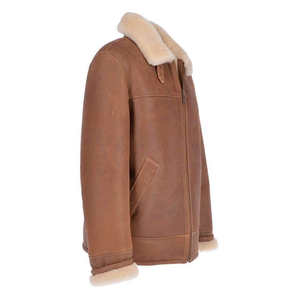 Three-quarter angle of men's RAF shearling flight coat featuring single leather throat latch and clean chest seam
