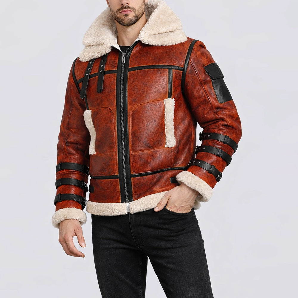 Lifestyle pose of model in men's RE4 Leon cognac B-3 shearling jacket with hand in fleece-trimmed pocket.