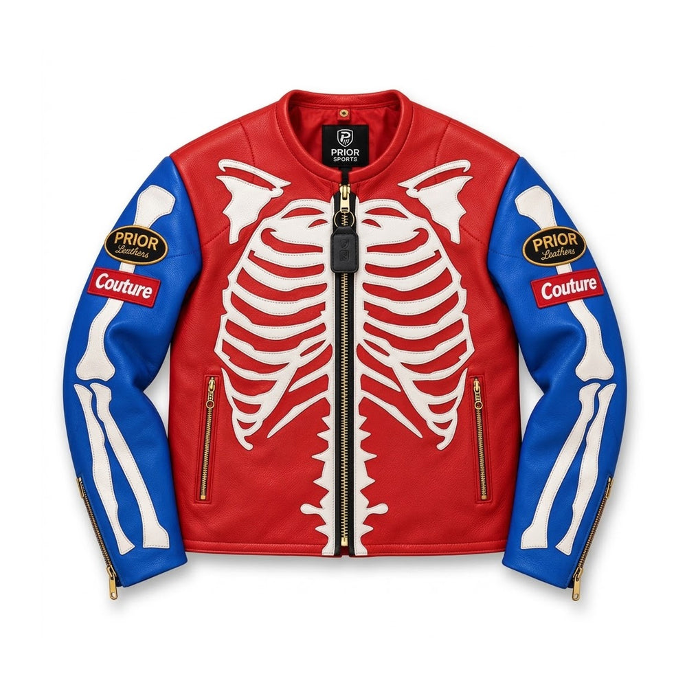 Front view of men’s red and royal-blue genuine leather biker jacket with white rib-cage and arm-bone appliqués