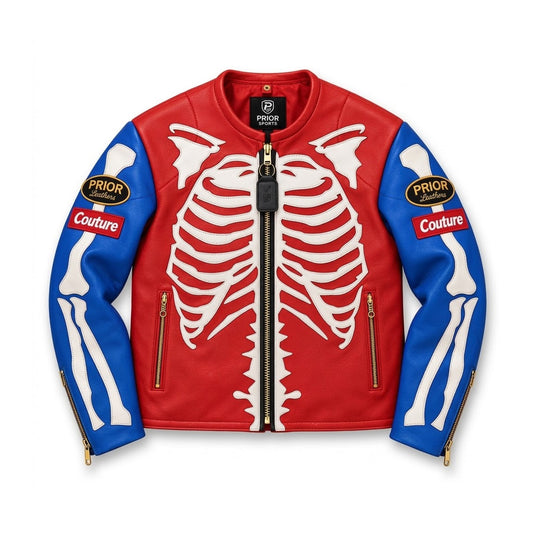 Front view of men’s red and royal-blue genuine leather biker jacket with white rib-cage and arm-bone appliqués