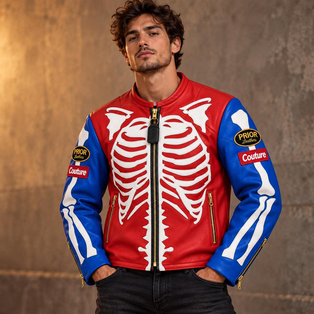 Male model wearing red skeleton leather biker jacket with blue sleeves, white bones and branded arm badges