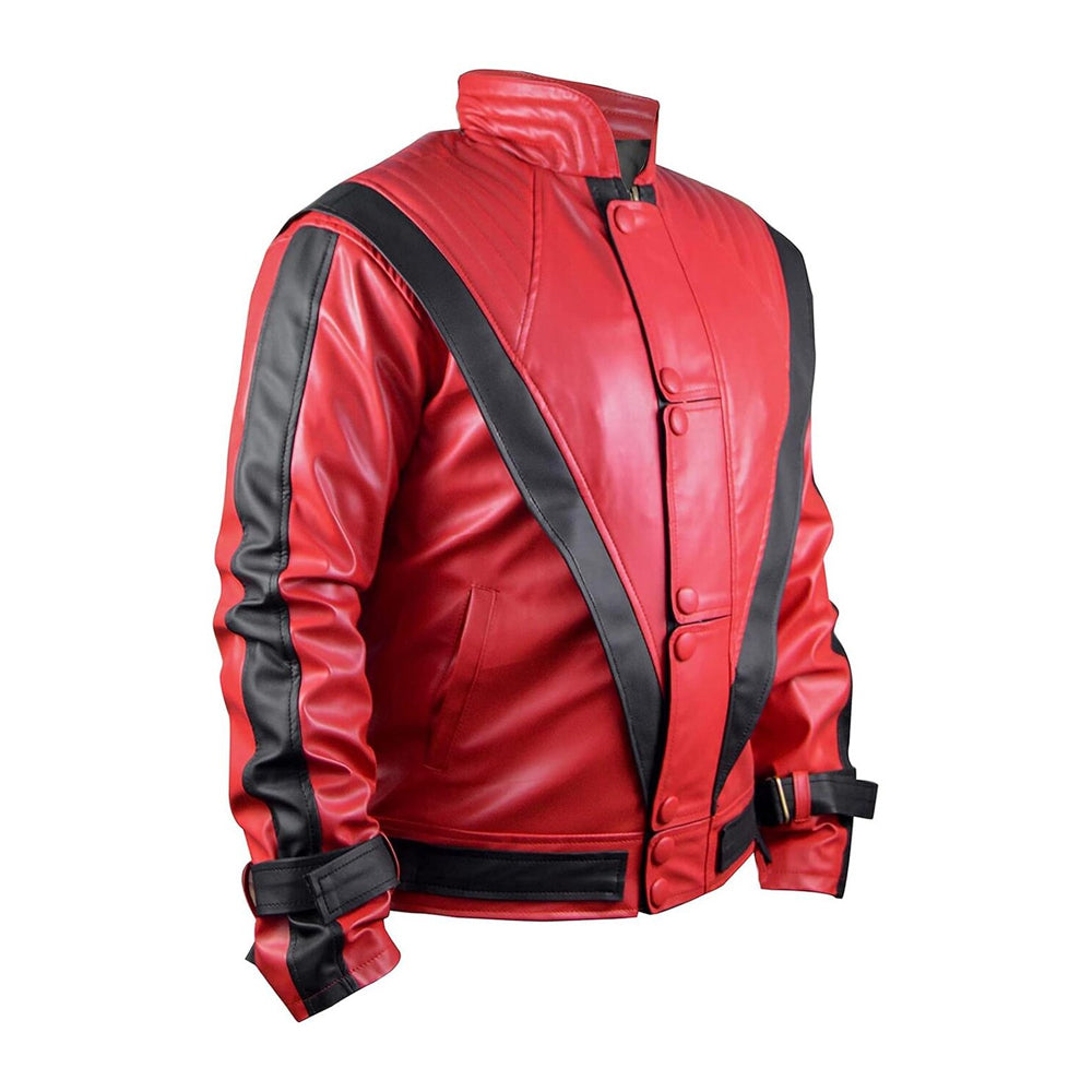 Angled view of men’s red Thriller cowhide jacket with quilted shoulders