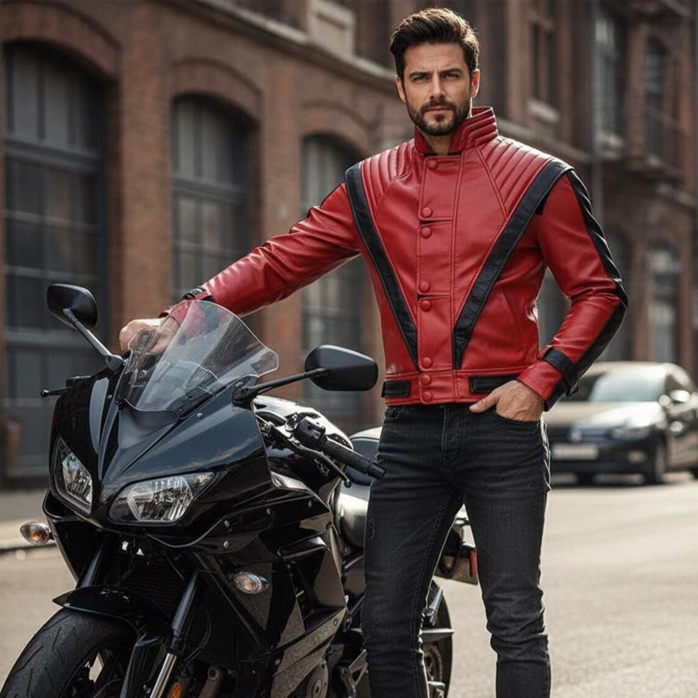 Male model wearing a red Thriller leather jacket beside a black motorcycle