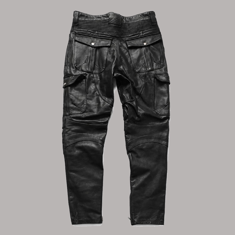 Rear view of men's regular fit leather biker jeans in solid black lambskin leather.