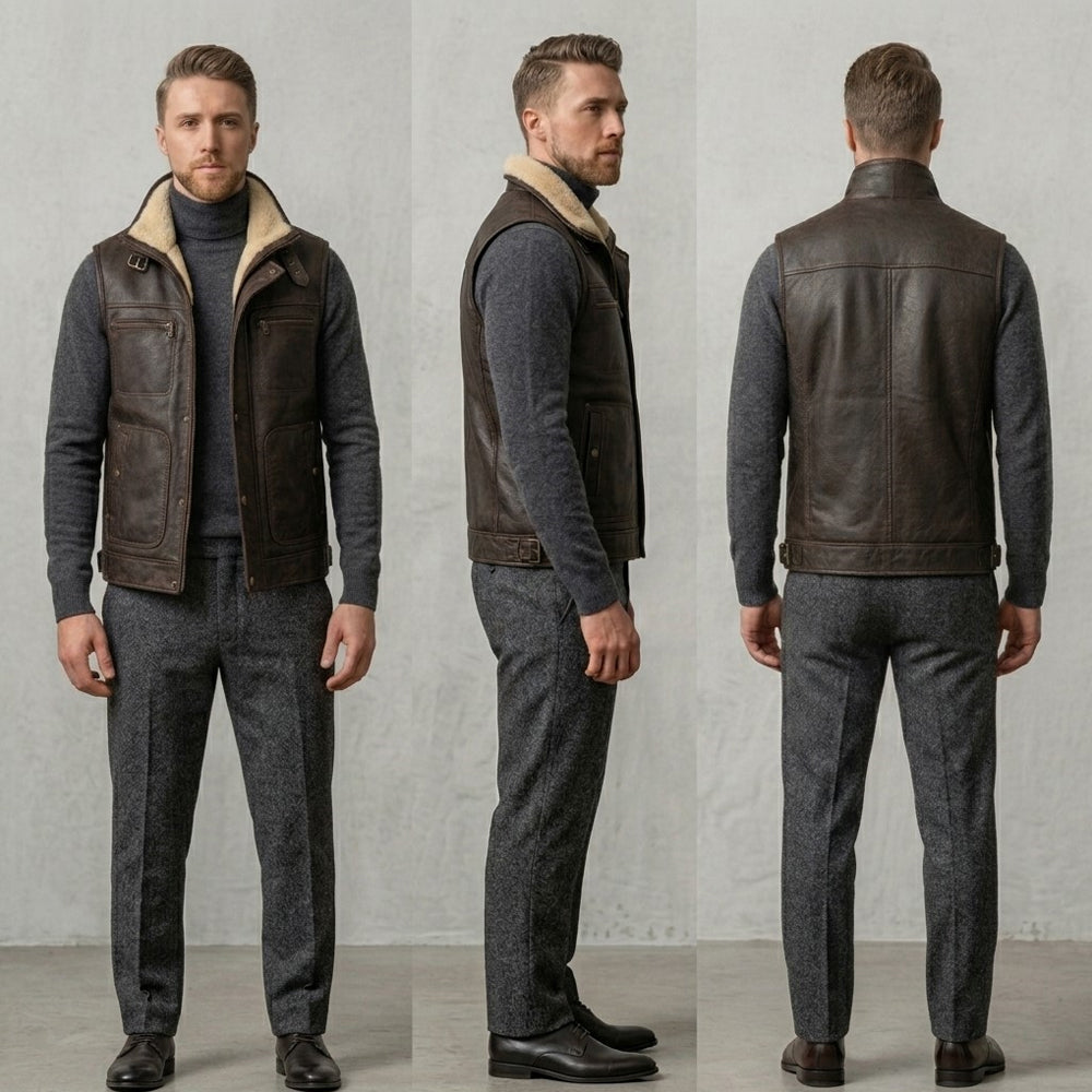 Three-angle photo collage of the brown retro leather vest (front, side, back) worn by a model.