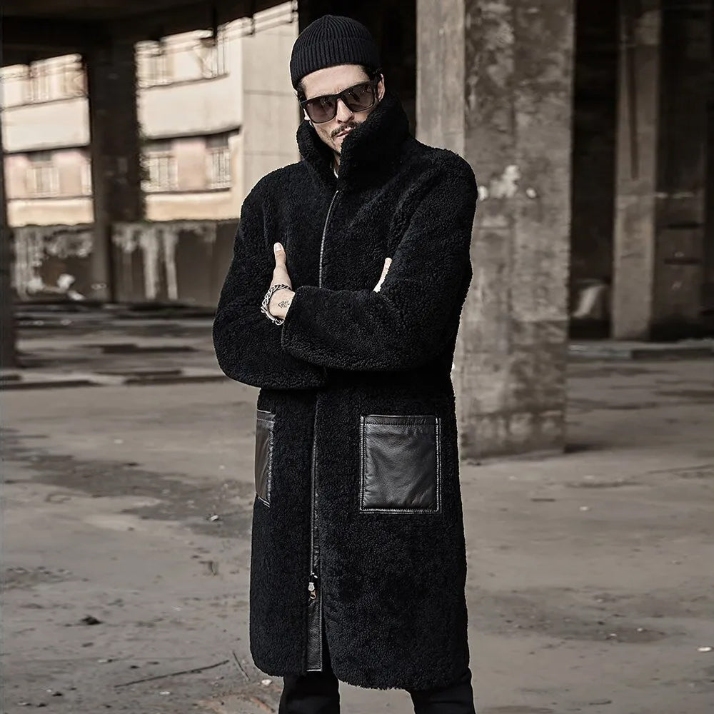 Man wearing black reversible coat with shearling fur side out