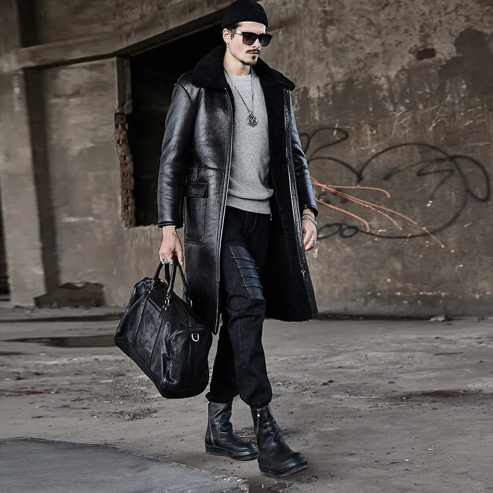 Man walking in black reversible shearling coat with fur collar