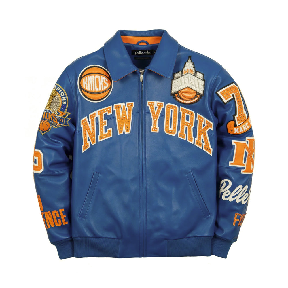 Front view of men's royal blue Pelle Pelle Knicks leather jacket with orange studded New York appliqué