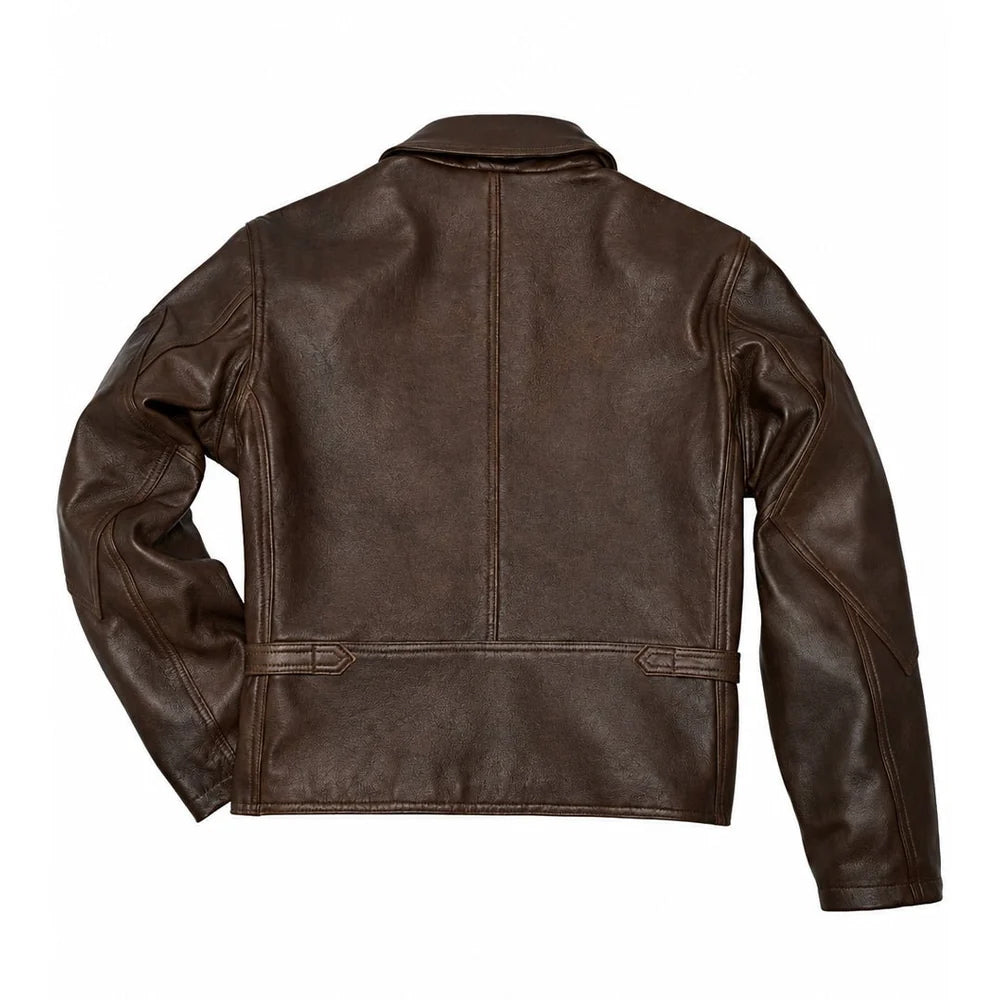 Back view of men’s seal-brown aviator jacket showing center seam, articulated sleeves, lower cross seam and waist tabs.