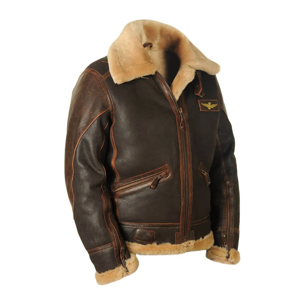 Side profile of men's shearling aviator coat highlighting zippered cuffs and burnished seam piping