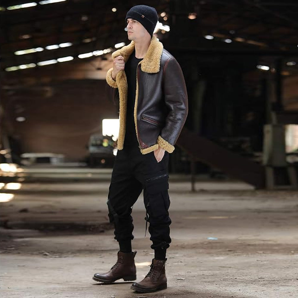 Side View of Men's Shearling Collar Bomber Jacket with Contrast Piping