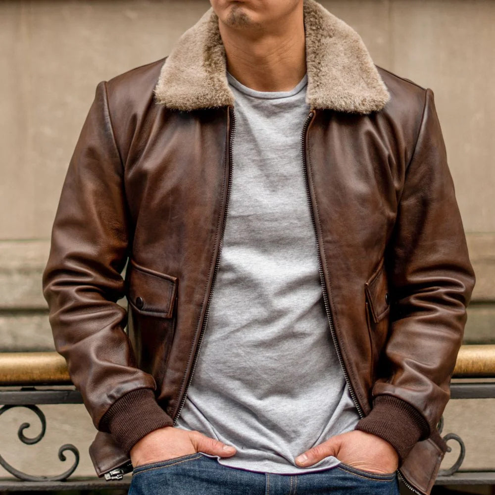 Man wearing shearling-collar leather jacket styled casually with denim jeans