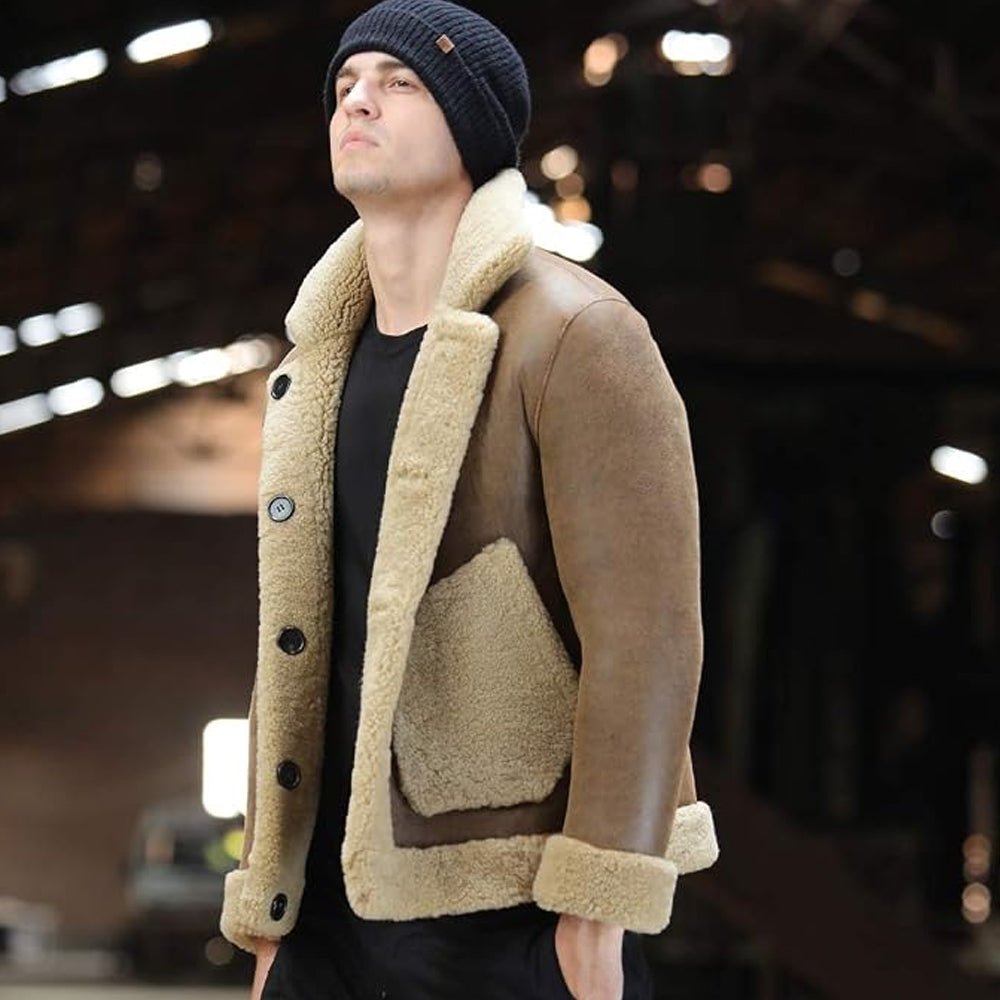 Side View of Men's Shearling Collar Trapper Jacket Showing Patch Pocket