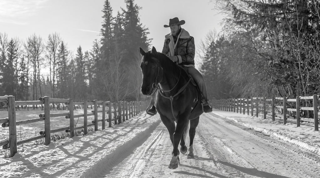 Man wearing distressed brown shearling leather jacket with sheepskin collar, cowboy hat and gloves, riding horse on snowy ranch trail