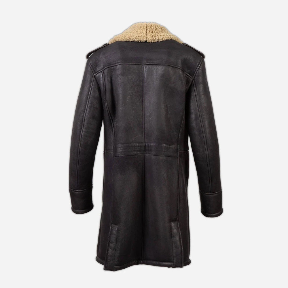 Back view of dark brown shearling officer coat showing structured yoke seam and rear vent detailing