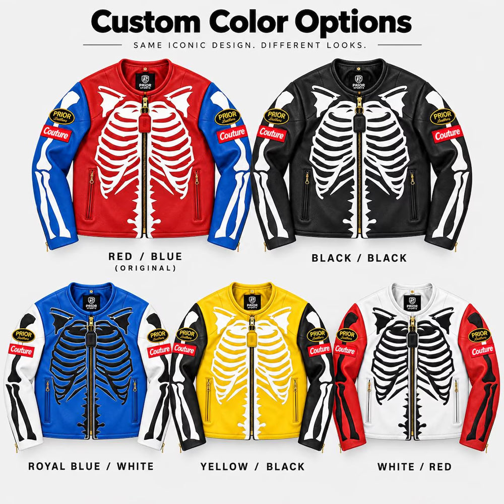 Custom color options for men’s skeleton leather biker jacket in red, black, blue, yellow and white combinations
