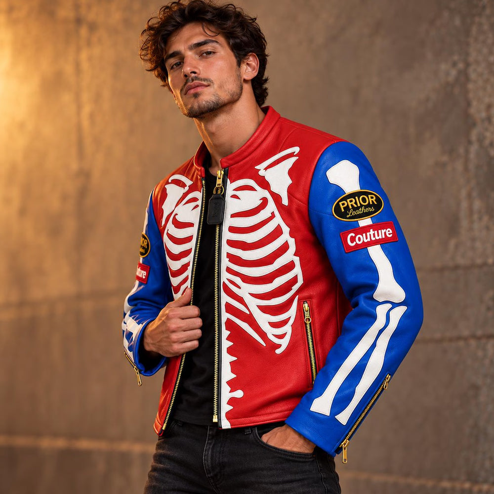 Three-quarter view of men’s red and blue skeleton moto jacket with Couture badge and gold zippered cuff
