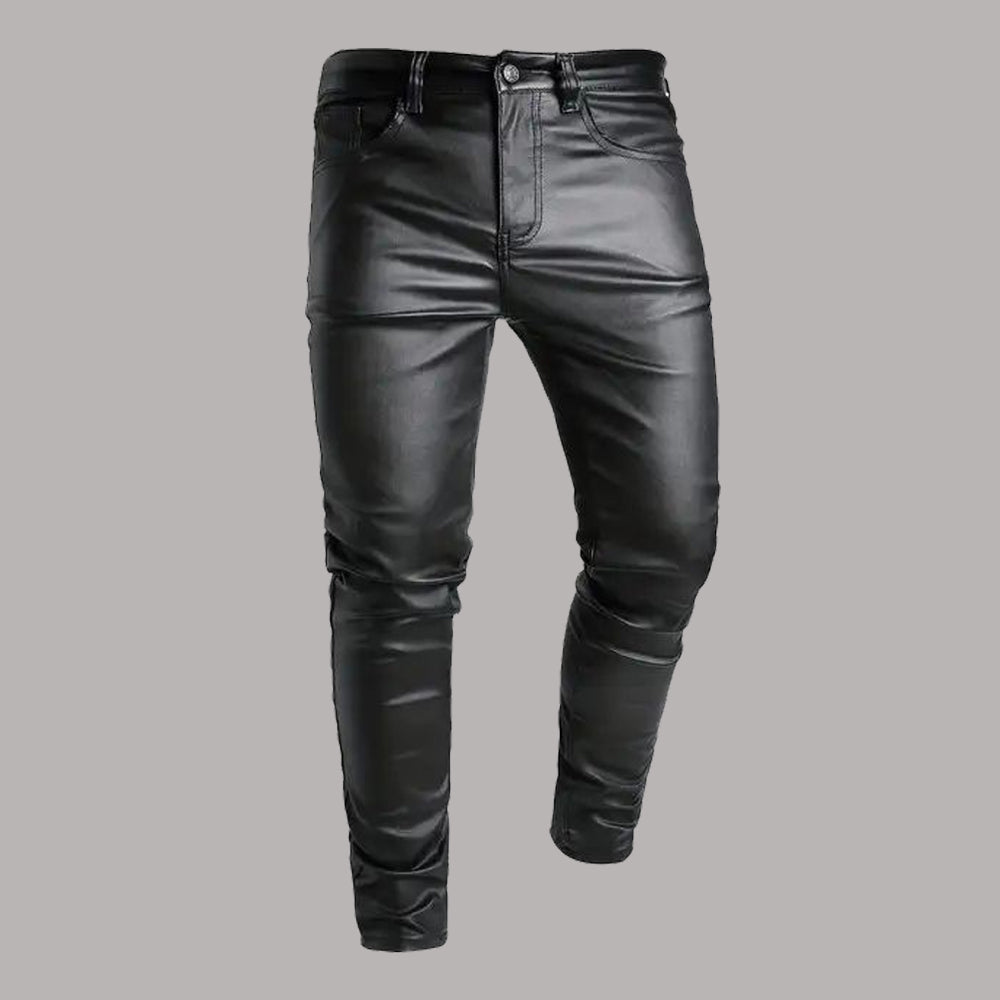 Front view of men's slim fit black genuine leather biker pants with flat front.
