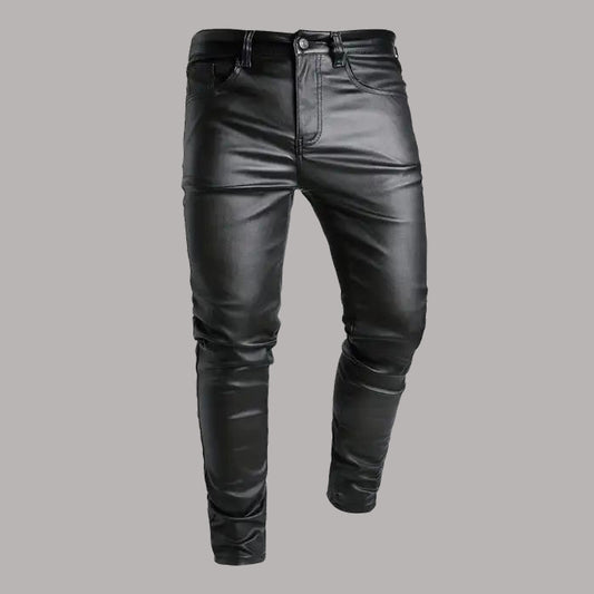 Front view of men's slim fit black genuine leather biker pants with flat front.