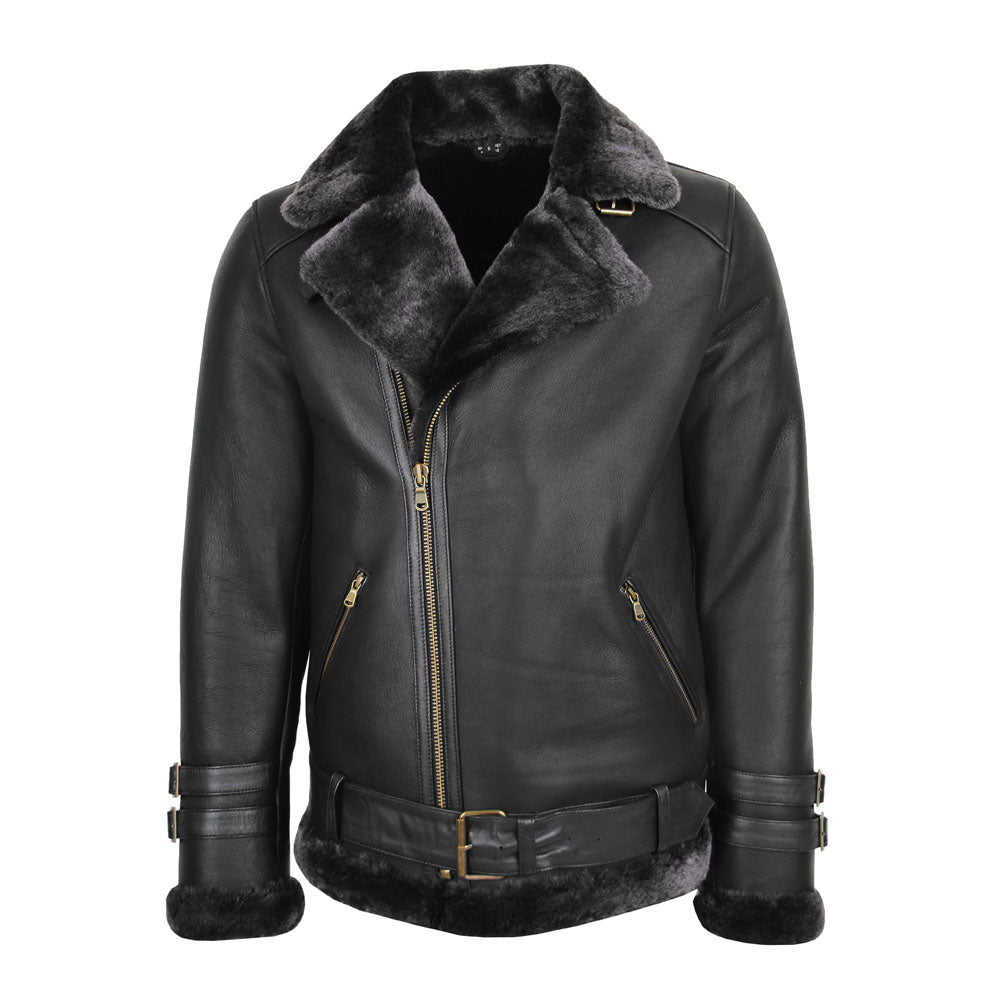 Front view of men's smooth black asymmetric shearling leather biker jacket with dark charcoal fur lapels and waist belt