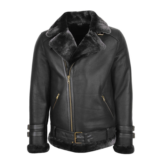 Front view of men's smooth black asymmetric shearling leather biker jacket with dark charcoal fur lapels and waist belt
