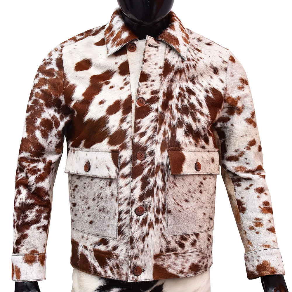 Full front view of men’s brown and cream spotted cowhide workwear jacket with point collar and two patch pockets