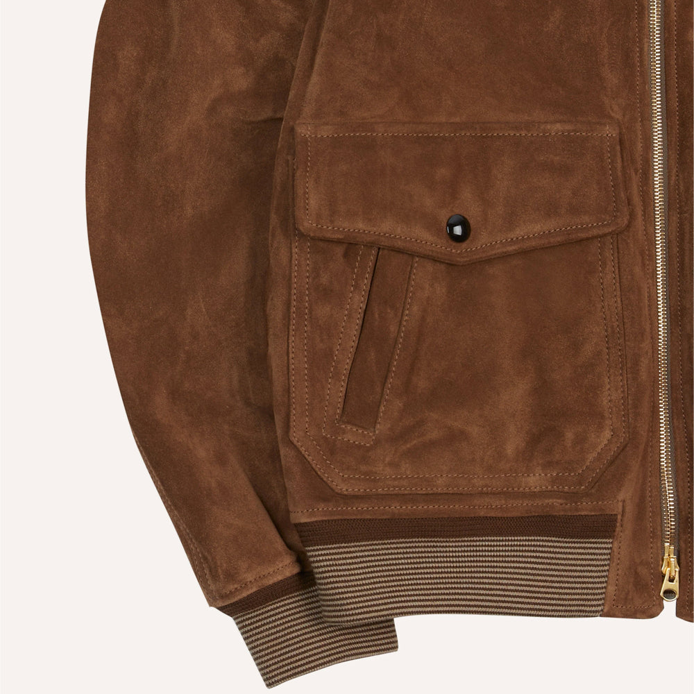 Men's tobacco suede dual-entry utility pocket with snap-fastened flap and separate vertical hand-warmer opening.