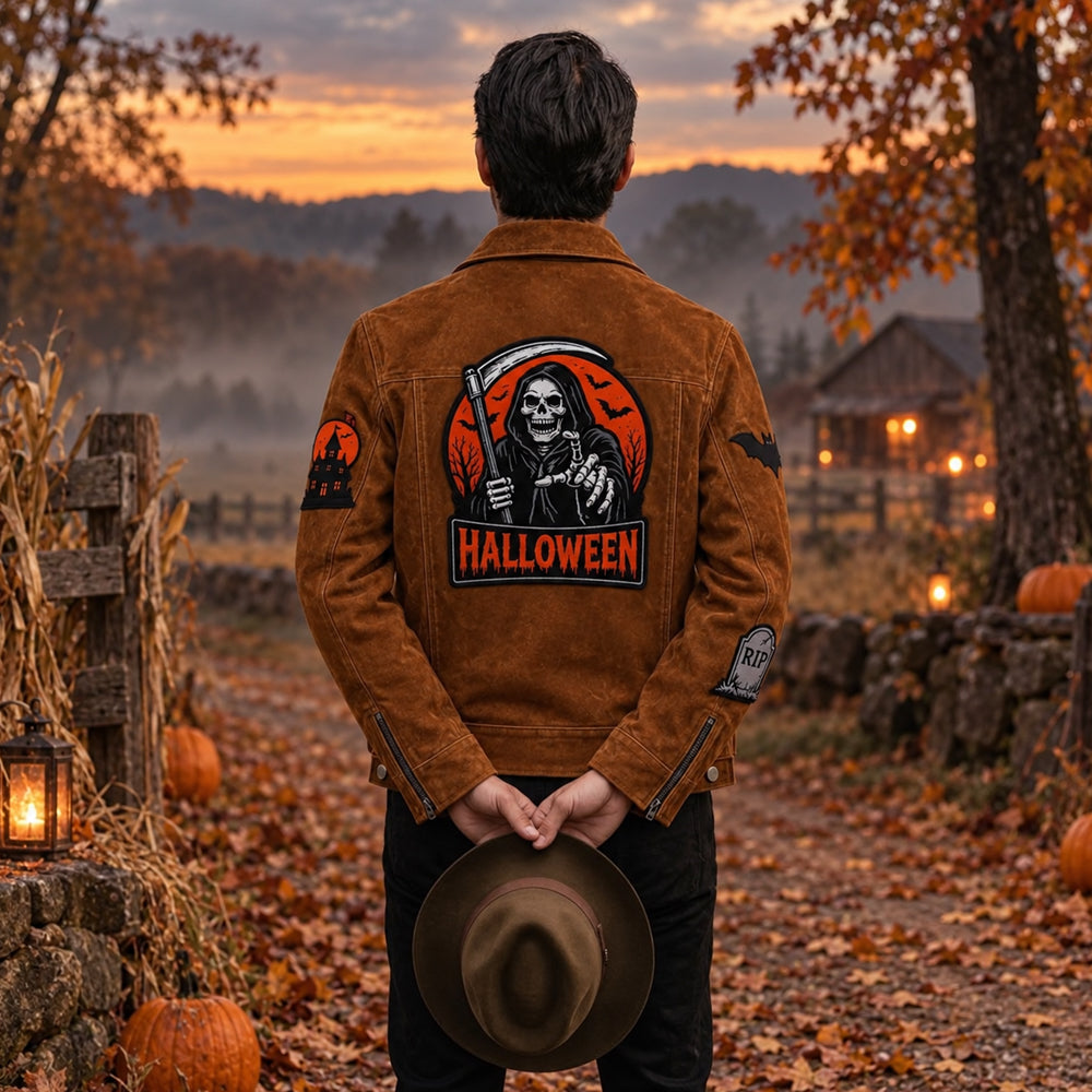 Man wearing brown suede horror jacket displaying Grim Reaper back artwork in an autumn setting