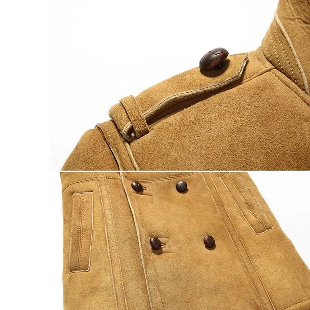 Close-up of epaulet button and double-breasted woven buttons on suede coat