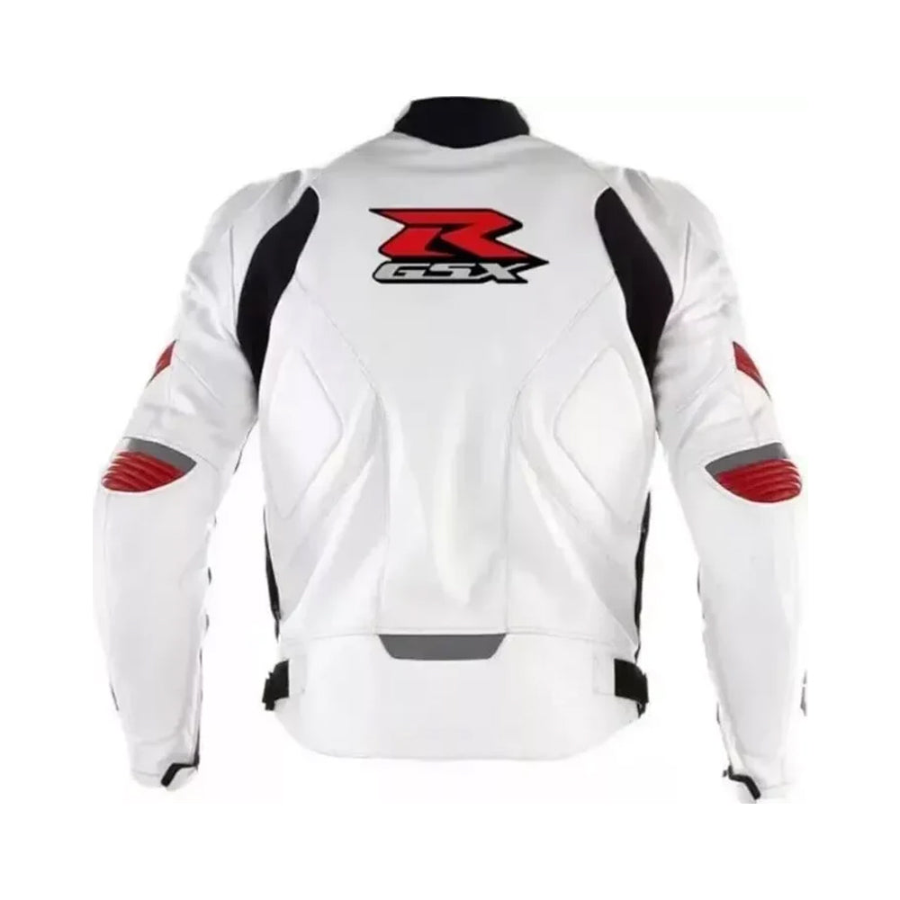 Back of White Suzuki GSXR Jacket with Red GSX Logo and Black Panels