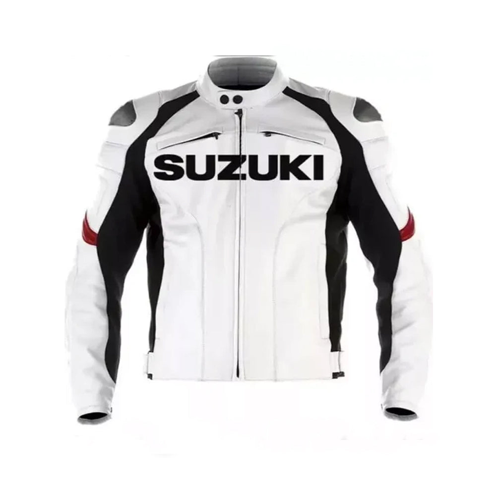 Front of Men's Suzuki GSXR Racing Jacket in White with Black Accents