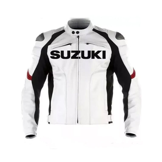 Front of Men's Suzuki GSXR Racing Jacket in White with Black Accents