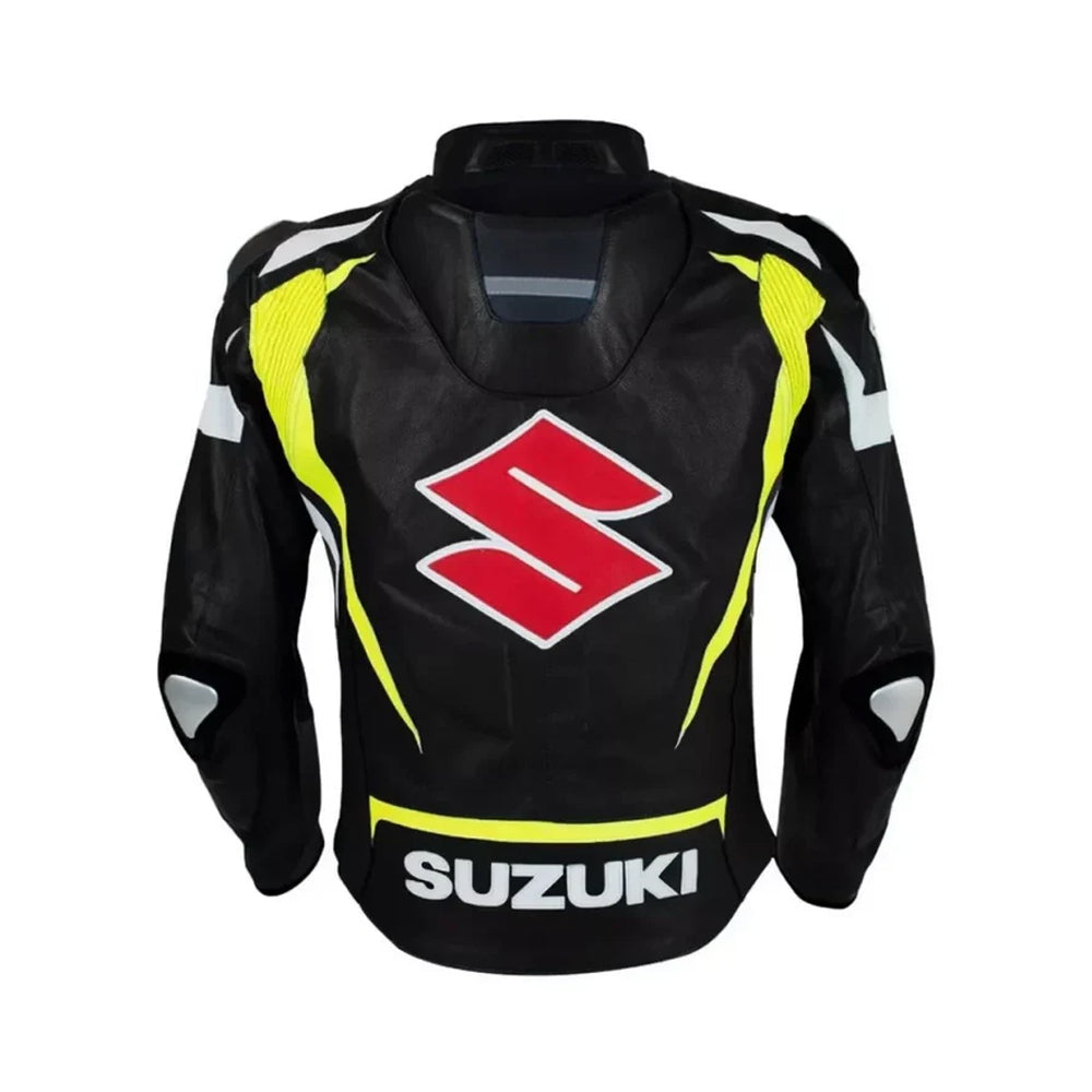 Back of Black Suzuki Leather Jacket with Large Red S Logo and Neon